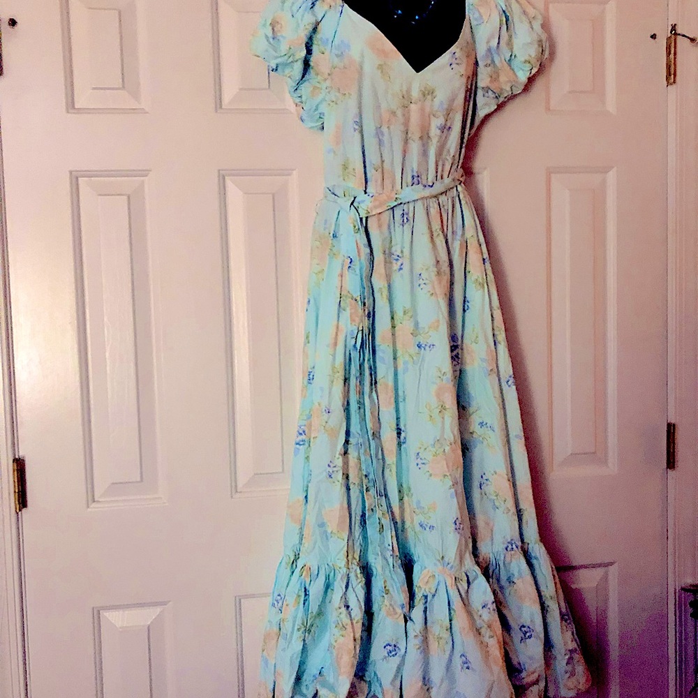 LoveShackFancy Pastel Blue Floral Maxi Dress
